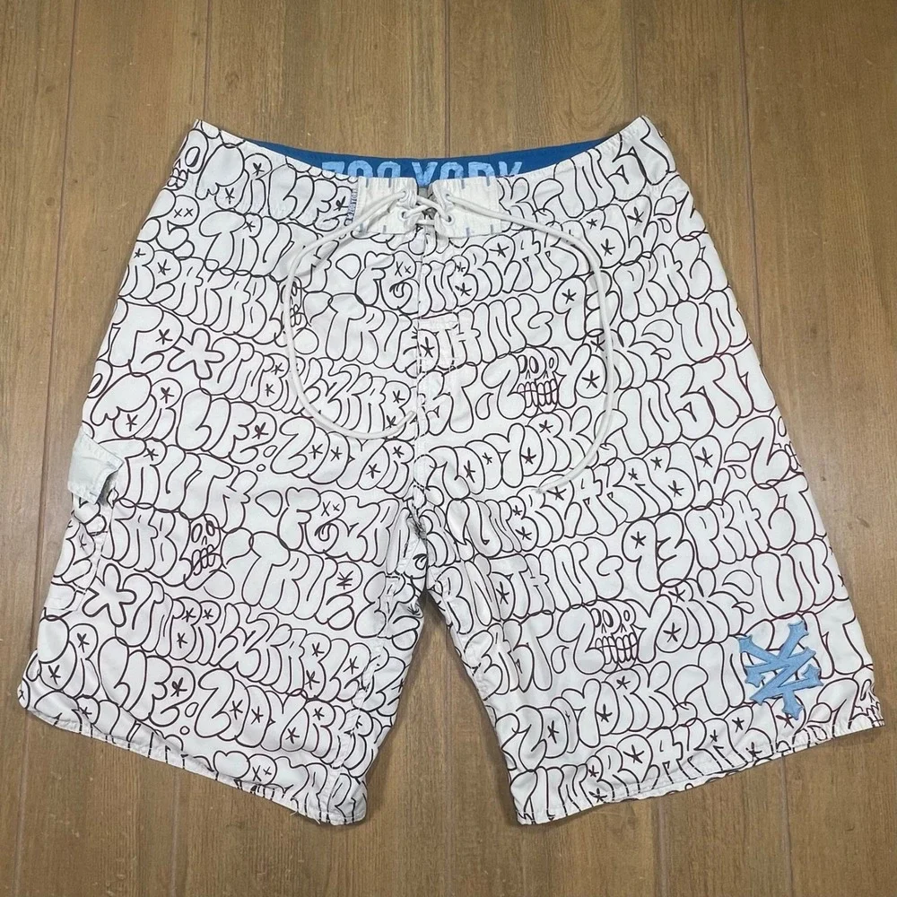 Zoo York Graffiti Board Shorts Mens 36 White Black Print Swim Trunks Skater